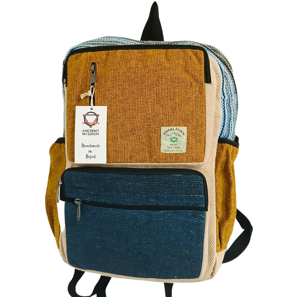 Wanderlust Hemp Backpack: Handmade in Kathmandu - Teal & Tumeric