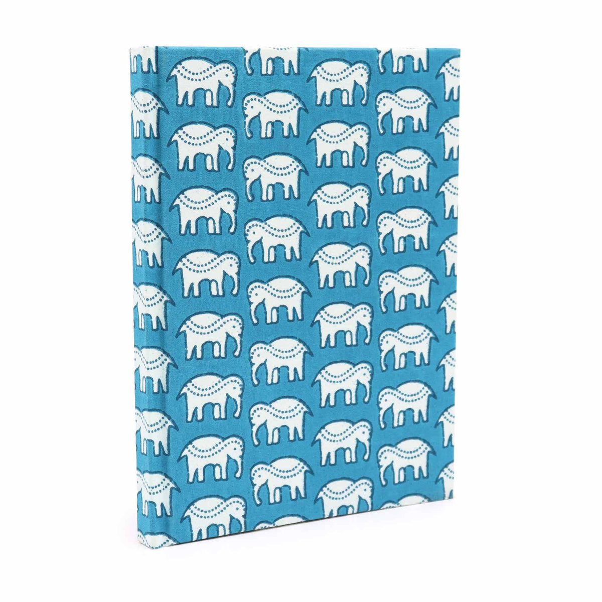 Blue notebook with white elephant pattern on a white background