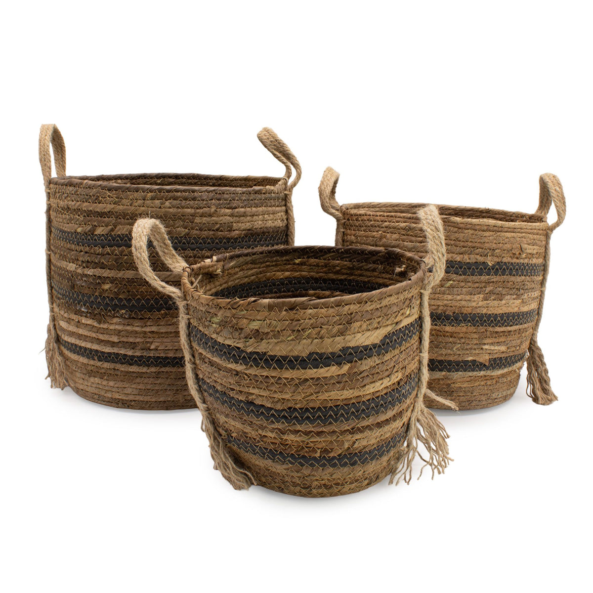 Three woven baskets with striped patterns on a white background