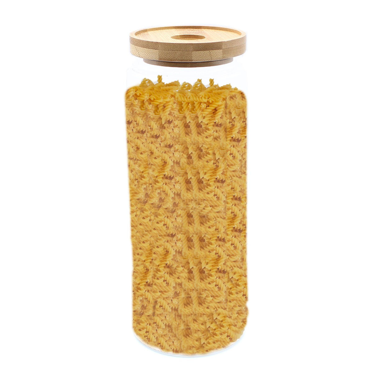 bamboo lid glass storage jar filled with  pasta on a white background