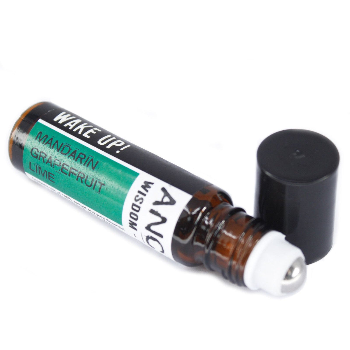 Essential oil roller bottle with a label on a white background