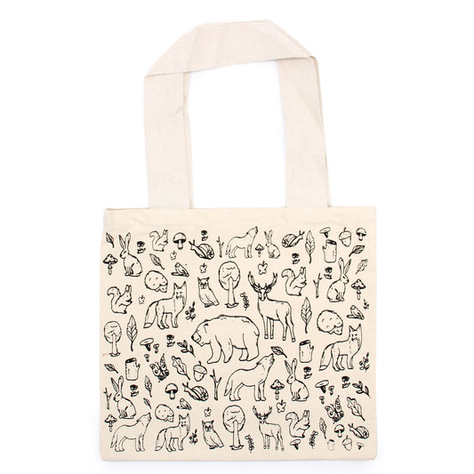 Tote bag with black animal and nature illustrations on a white background