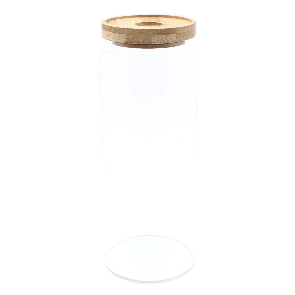 Faint bamboo lid glass storage jar on white background