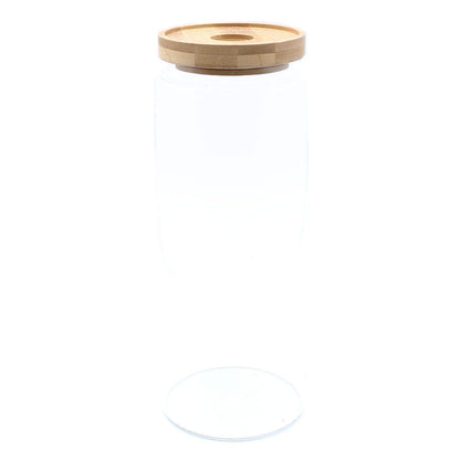 Faint bamboo lid glass storage jar on white background