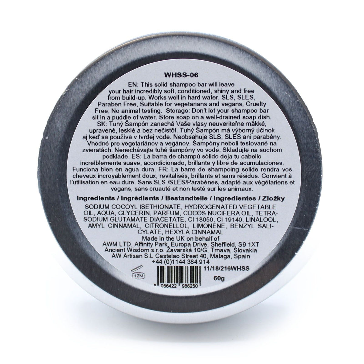 Back label of a solid shampoo bar with text and product details on a white background