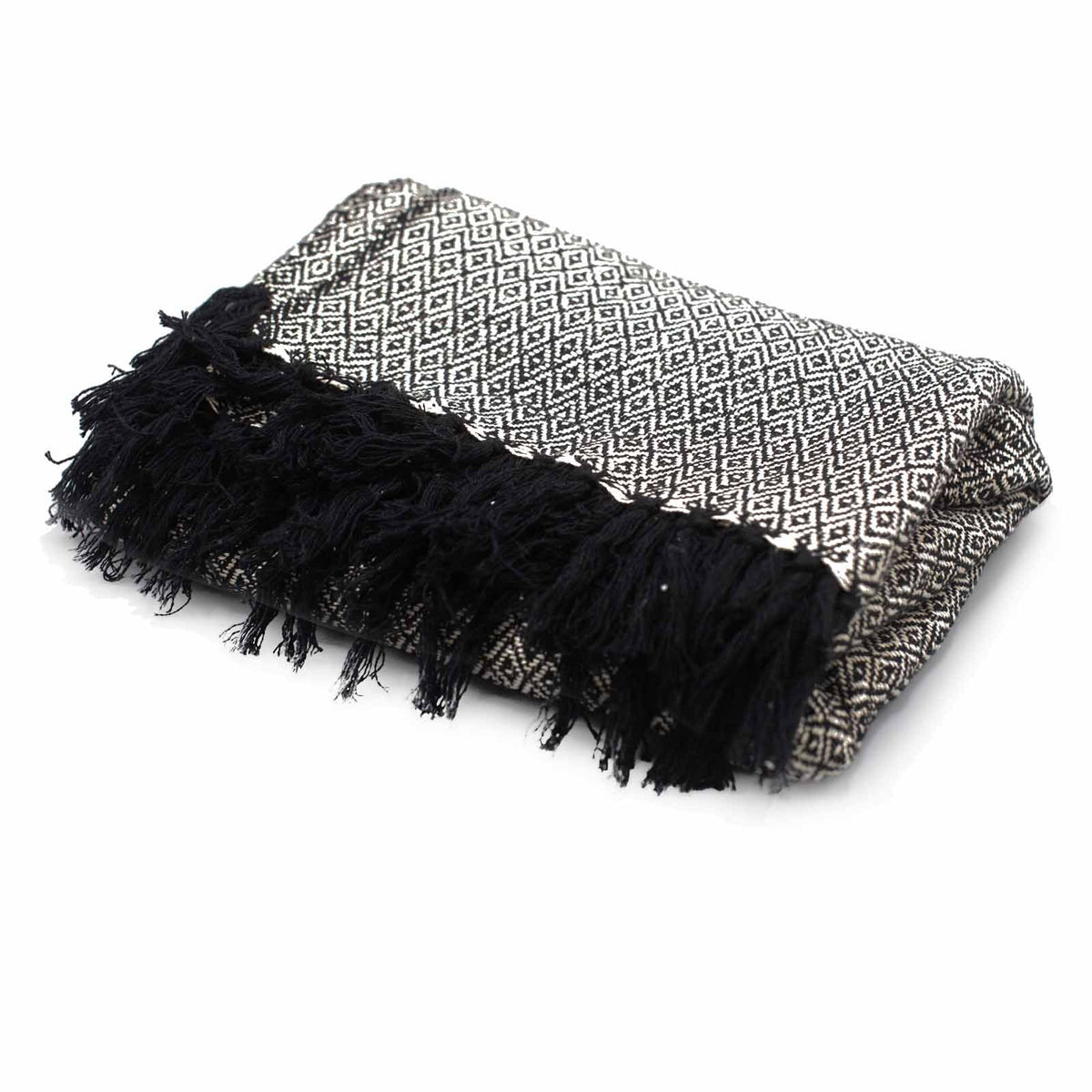 Black and white patterned blanket with fringes on a white background