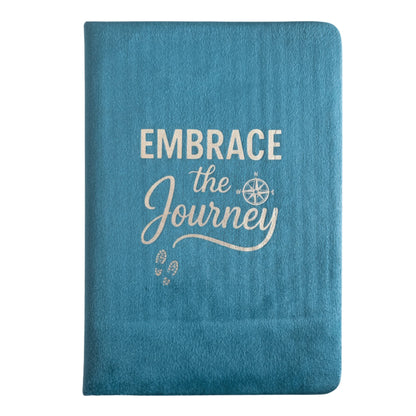 teal velvet journal with 'Embrace the Journey' text on a white background