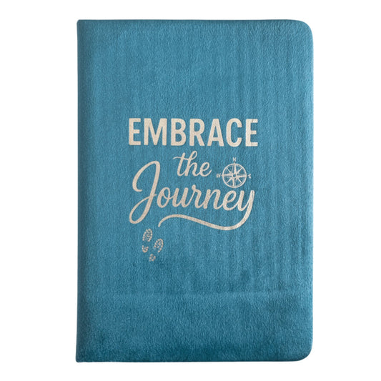 teal velvet journal with 'Embrace the Journey' text on a white background