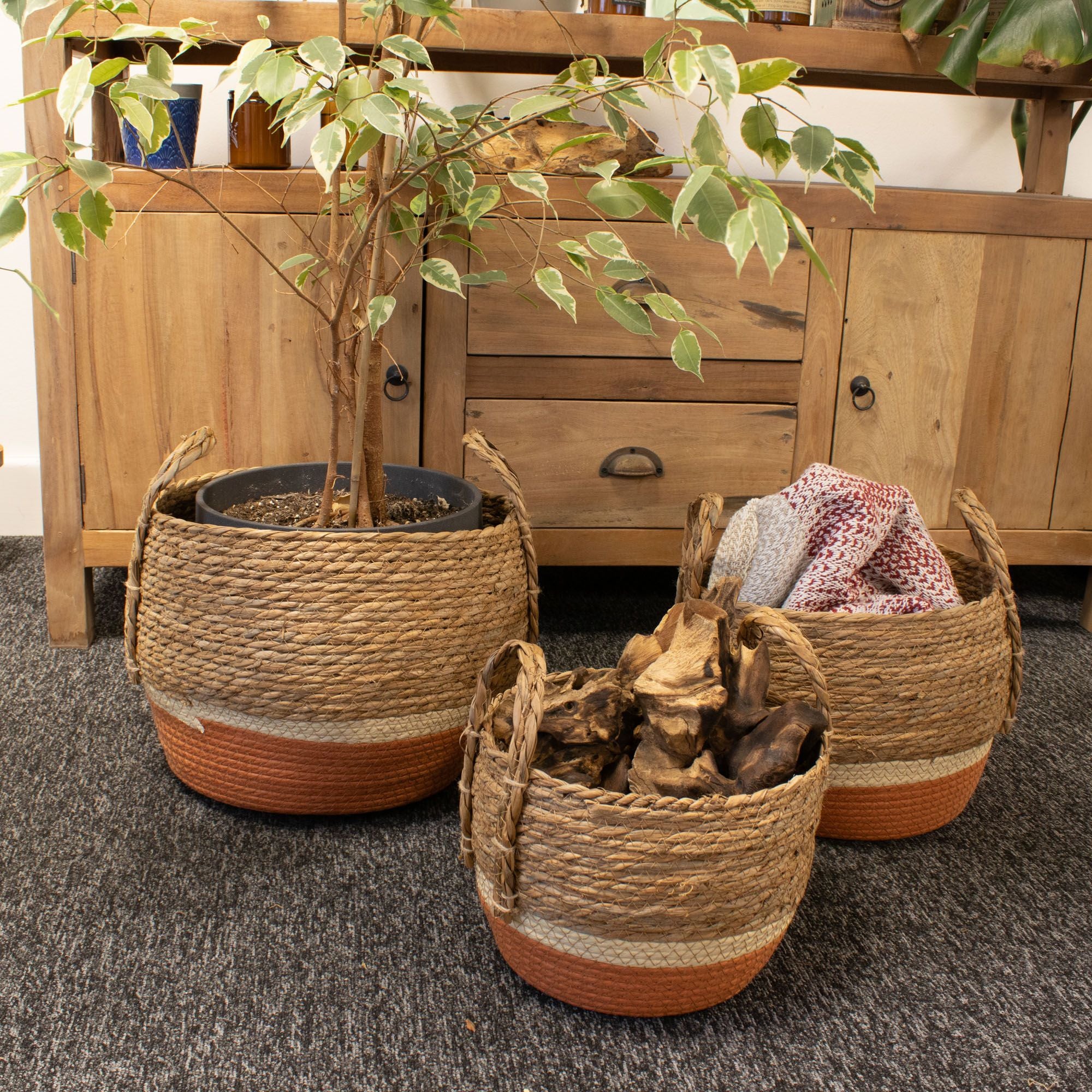 Straw & Seagrass Large Baskets - Ivory & Terracotta  (Set of 3)