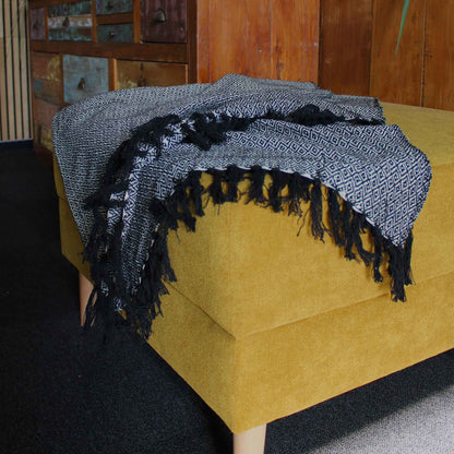 Textured blanket with black tassels draped over a mustard yellow ottoman.