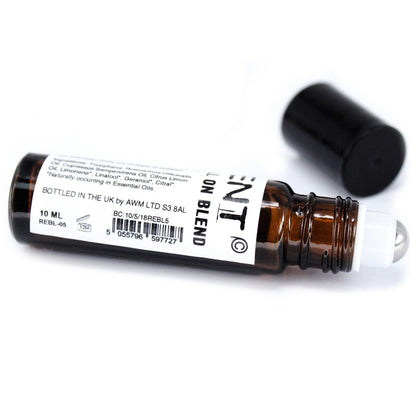 Brown glass rollerball bottle with black cap on a white background