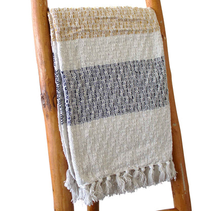 Textured blanket with striped pattern draped over a wooden ladder on a white background
