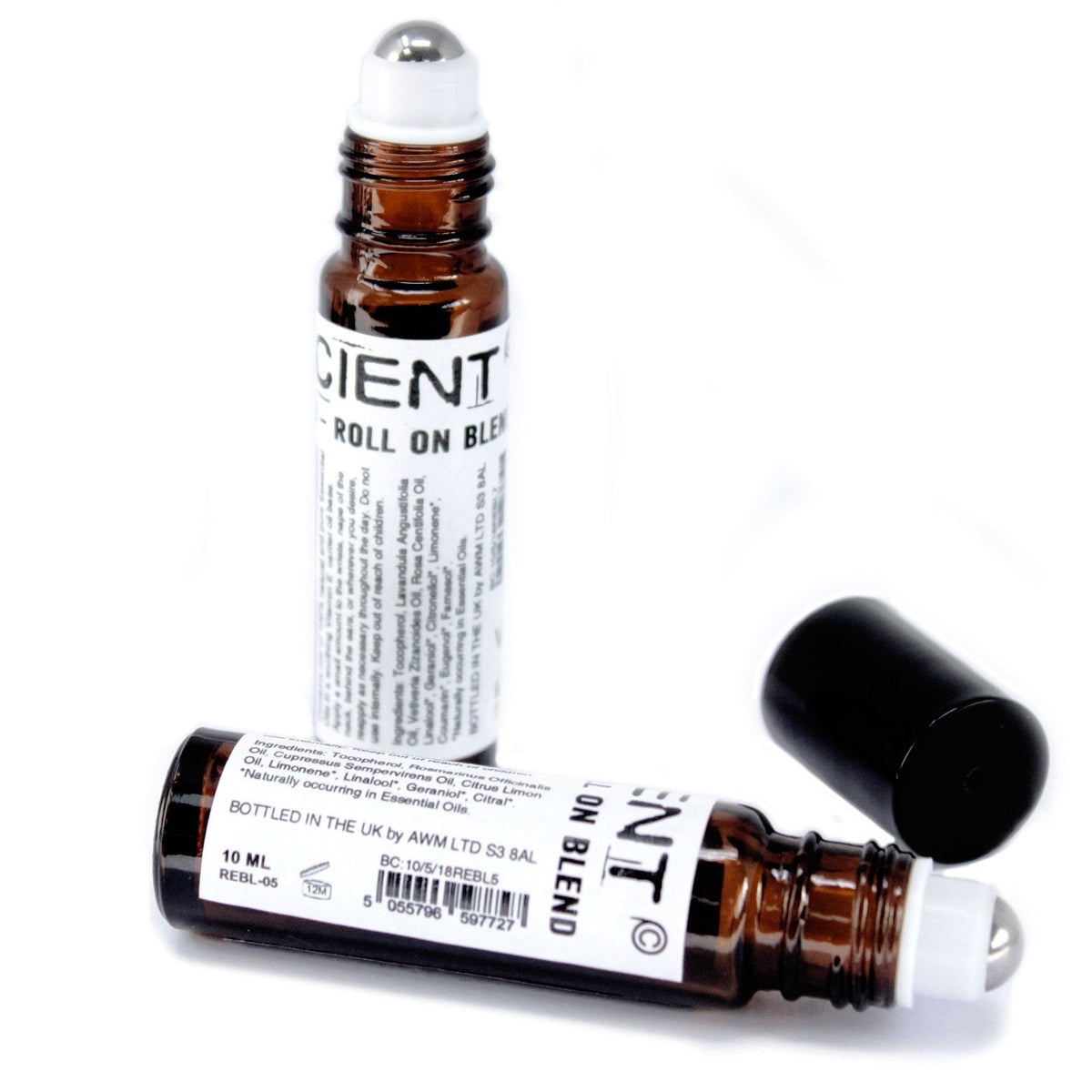 Two roll-on bottles with labels on a white background