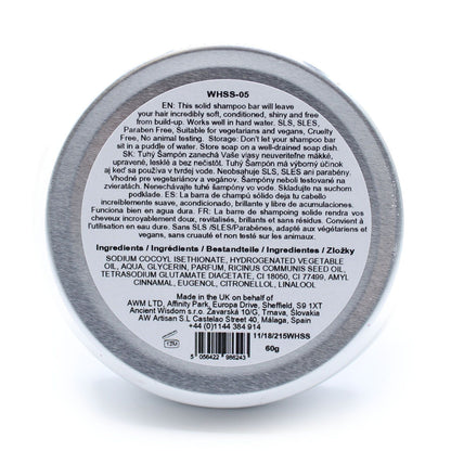 Back of a shampoo bar packaging with text and branding