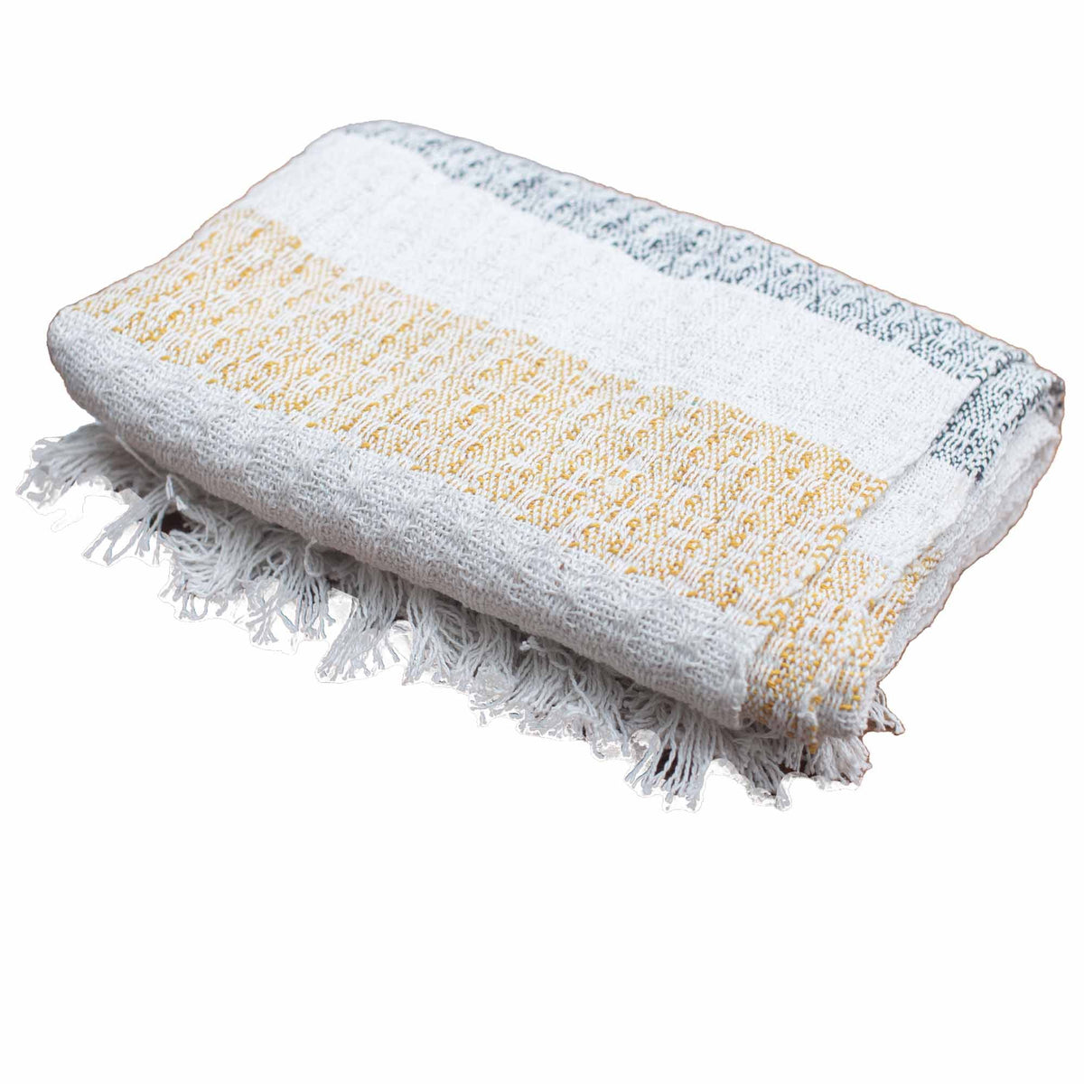 Folded blanket with white, yellow, and gray pattern on a white background