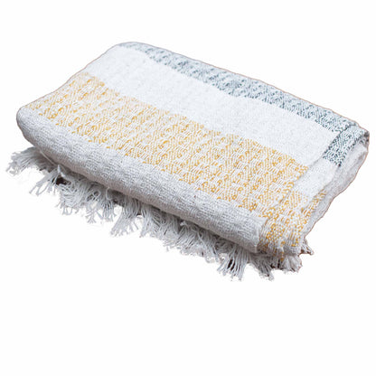 Folded blanket with white, yellow, and gray pattern on a white background
