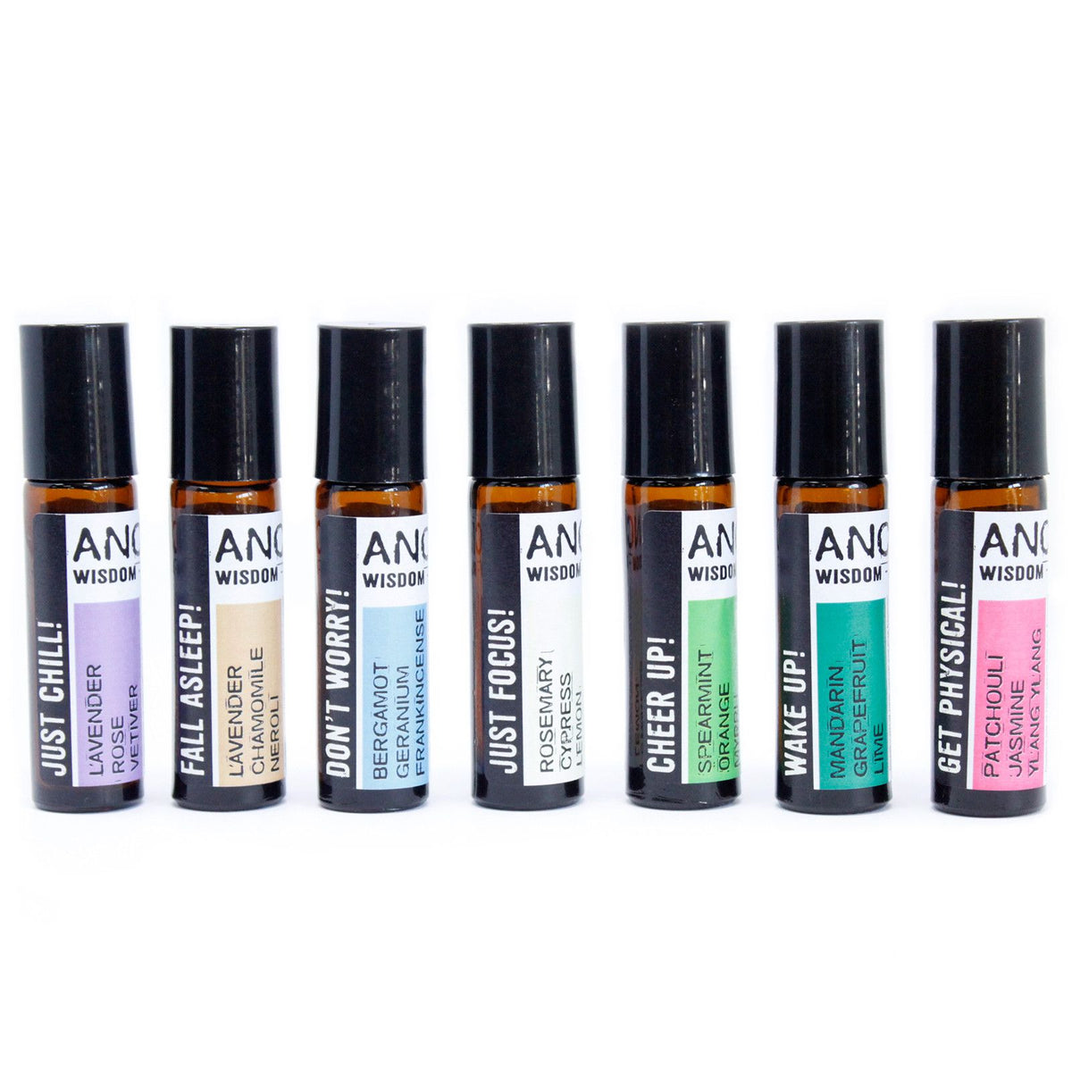 Set of eight small bottles with labels on a white background