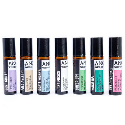 Set of eight small bottles with labels on a white background