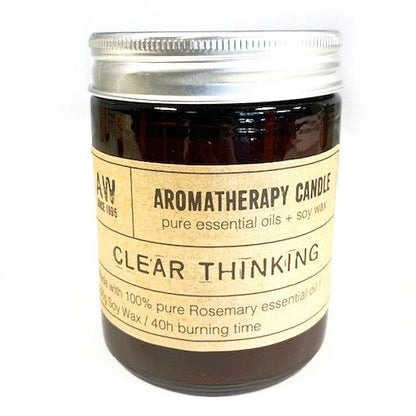 Aromatherapy candle labeled 'Clear Thinking' with a white background
