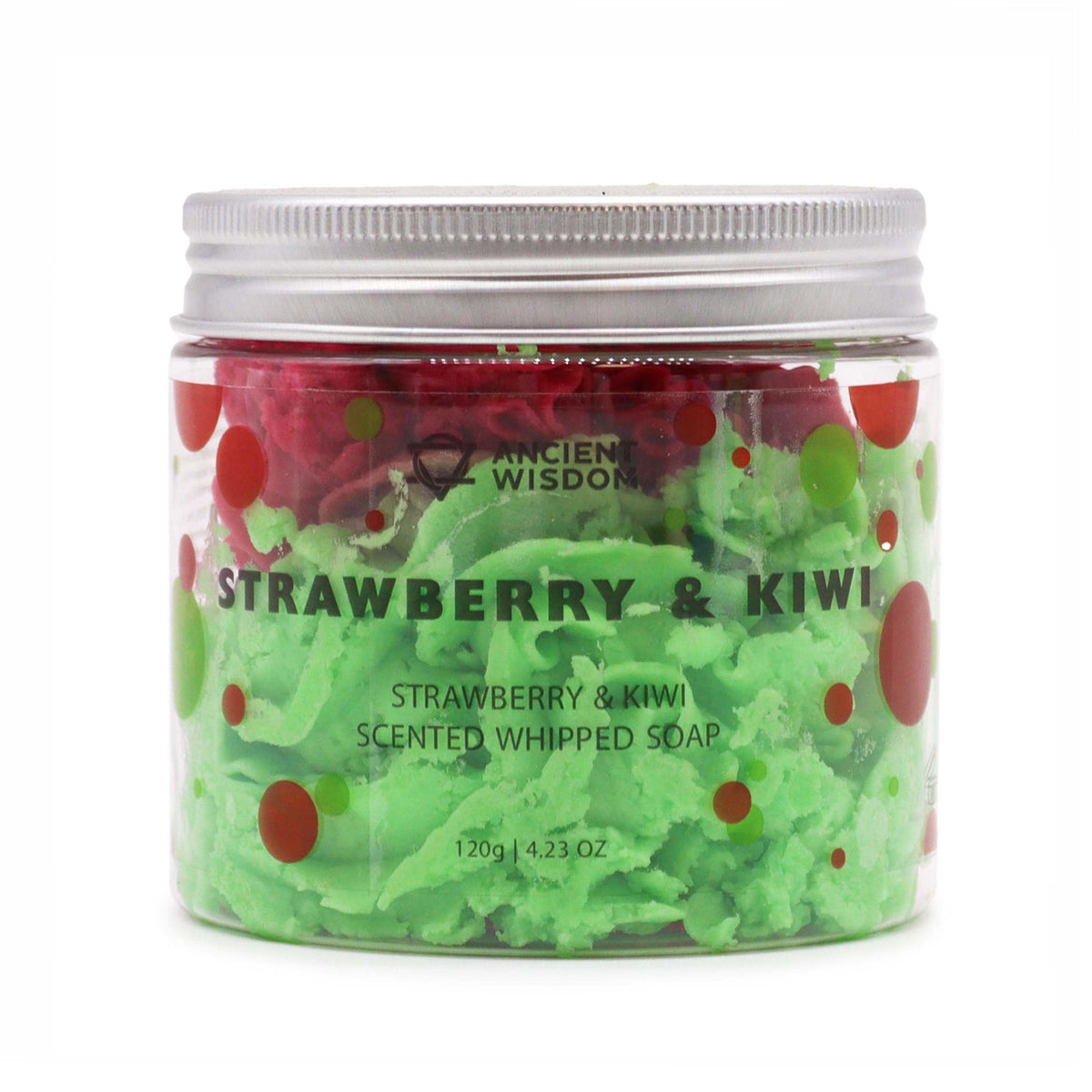 Jar of strawberry and kiwi scented whipped soap with visible brand name on a white background