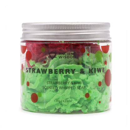 Jar of strawberry and kiwi scented whipped soap with visible brand name on a white background