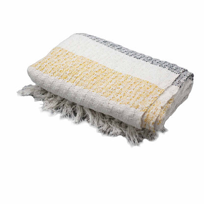 Textured blanket with yellow, white, and gray stripes on a white background
