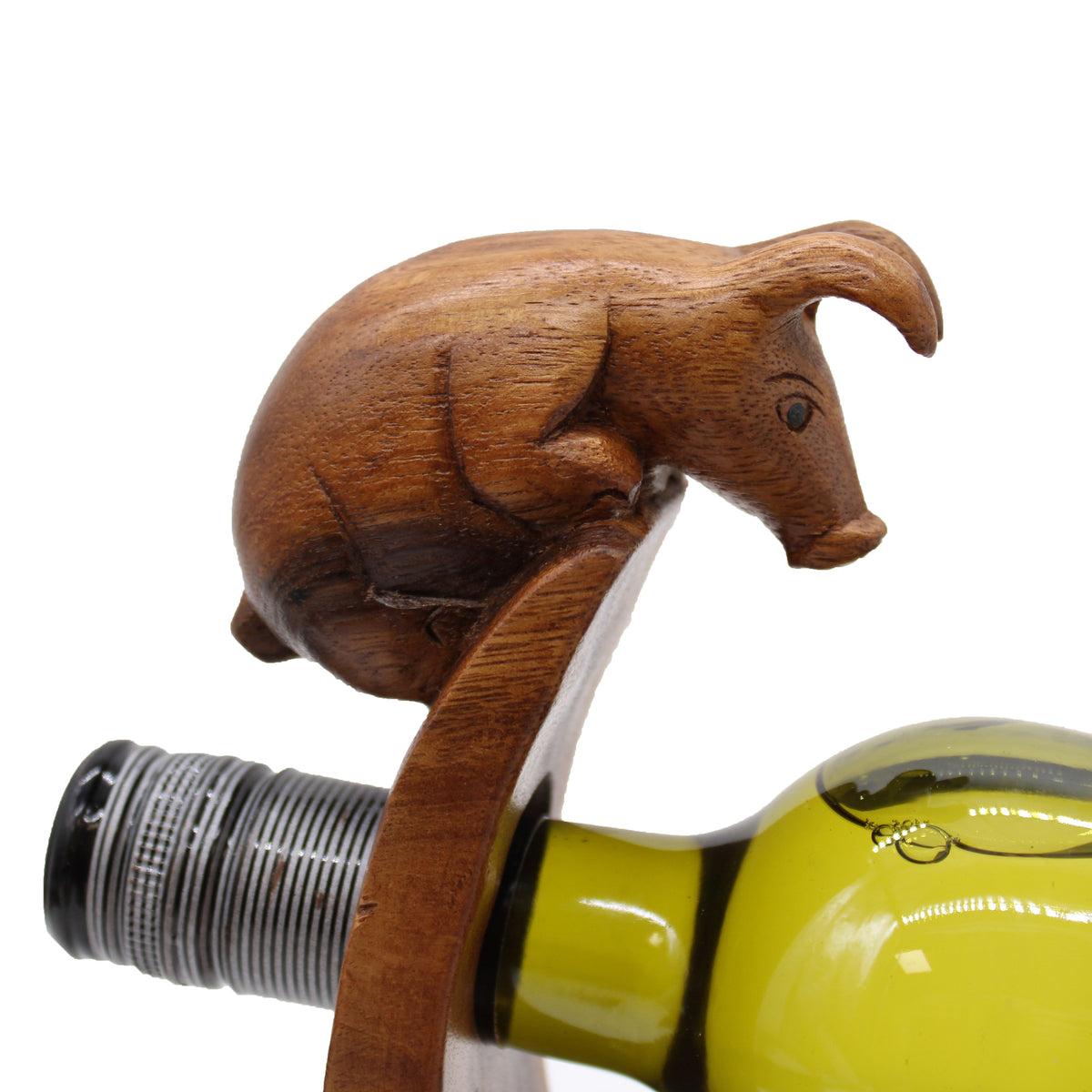 Wooden pig-shaped bottle holder with a white background