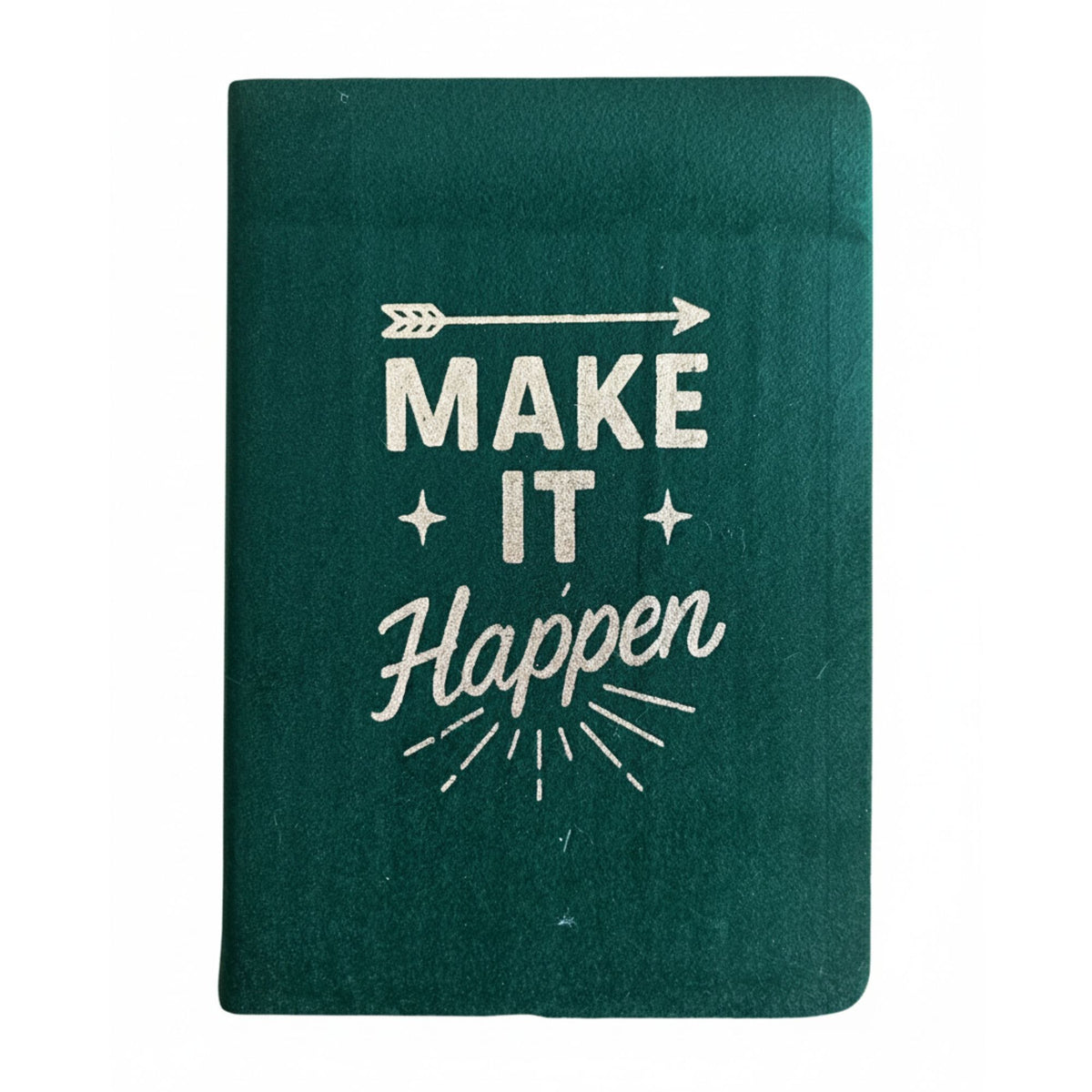 Green notebook with 'Make It Happen' text on a white background