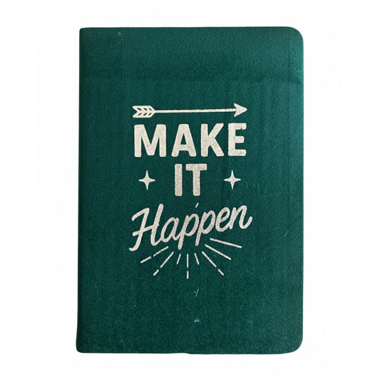 Green notebook with 'Make It Happen' text on a white background