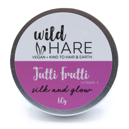 Container of 'wild HARE' Tutti Frutti Solid Shampoo Bar on a white background
