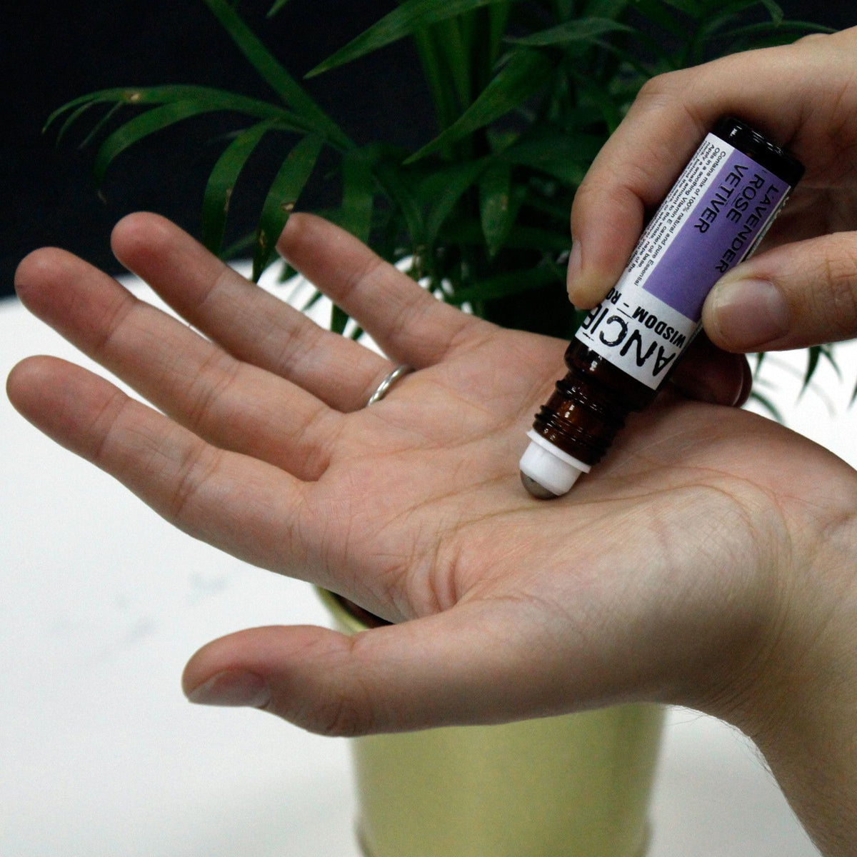 Hand holding a bottle of essential oil with a plant in the background