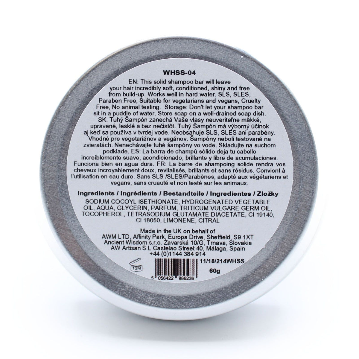 Back label of a solid shampoo bar with text and product details on a white background