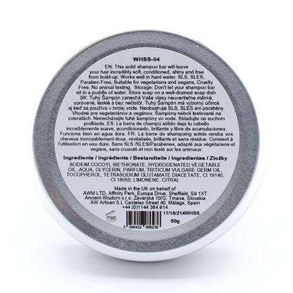 Back label of a solid shampoo bar with text and product details on a white background