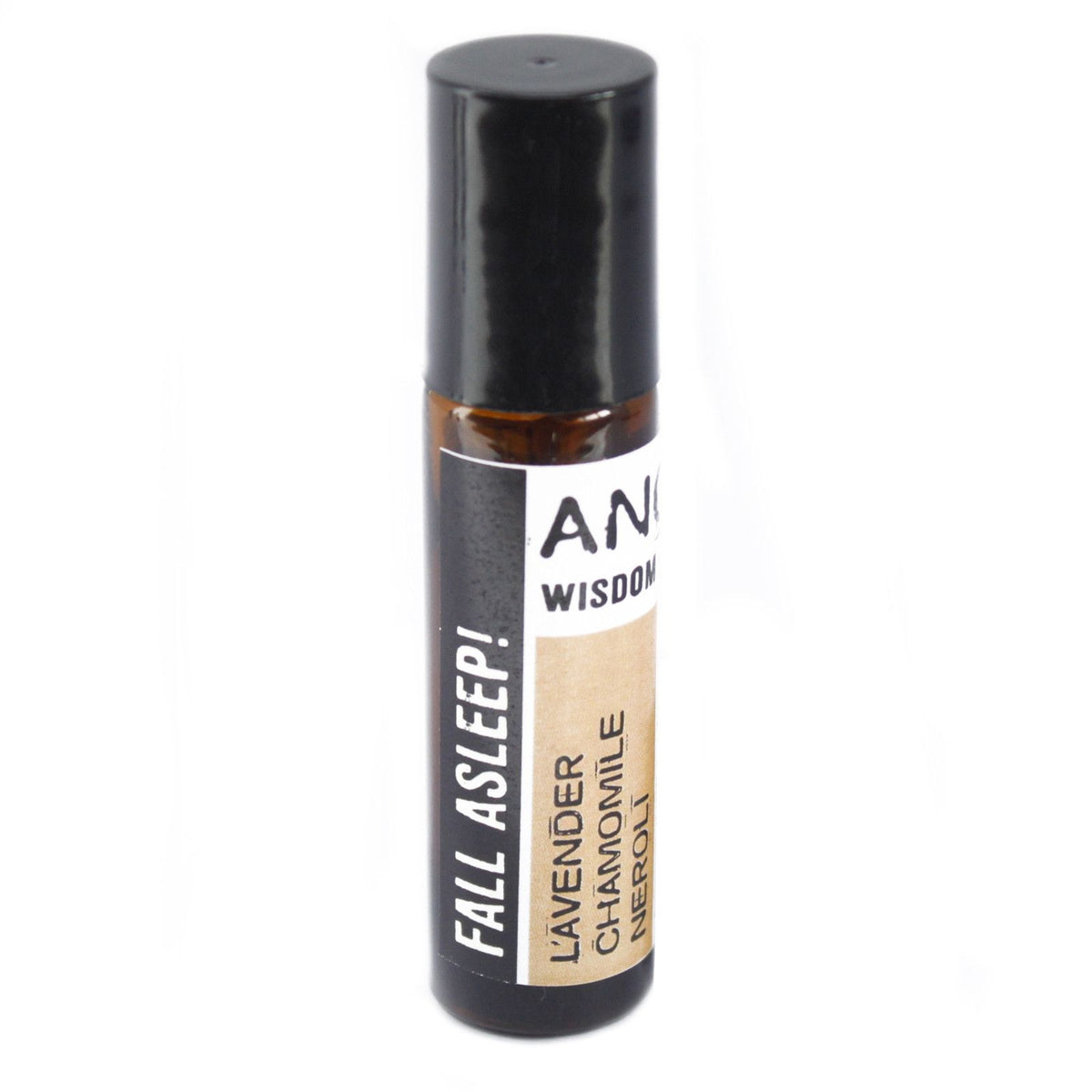 Roll-on bottle with black cap and white label on a white background