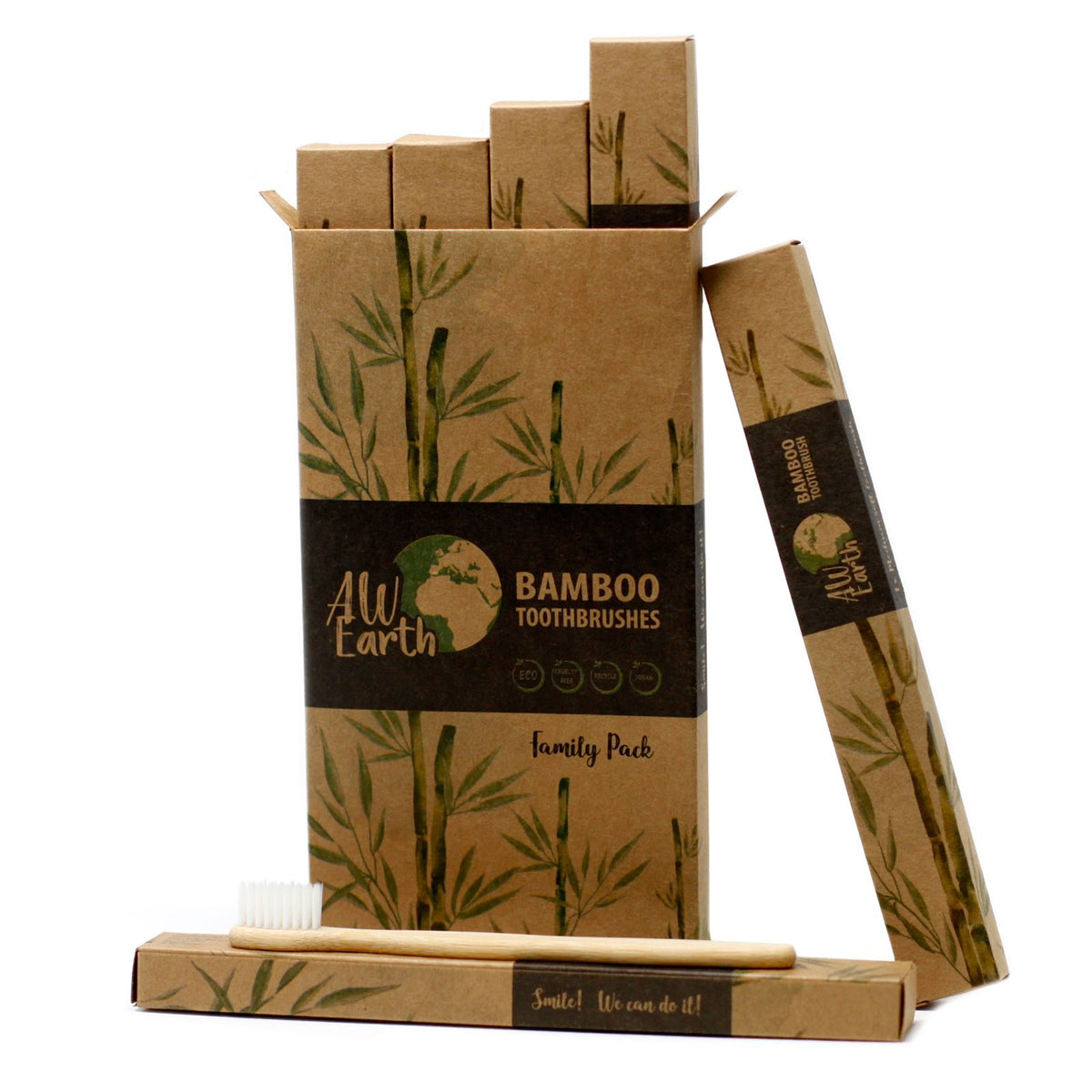 Eco-Friendly Bamboo Toothbrushes family pack with cardboard packaging featuring bamboo design and 