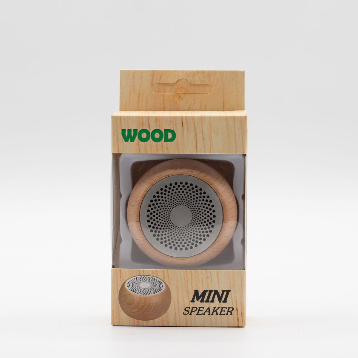 Wooden mini speaker in its packaging with 'WOOD' branding on a white background