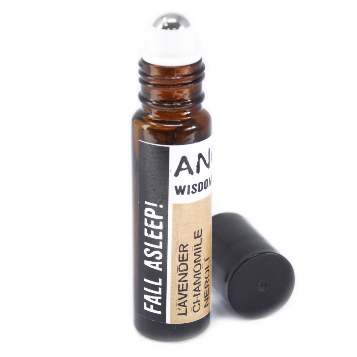 Roll-on bottle labeled 'Fall Asleep!' with a white cap on a white background