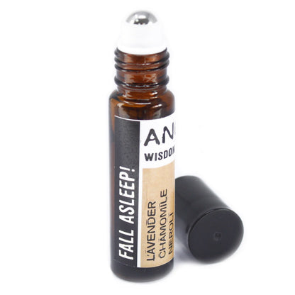 Roll-on bottle labeled 'Fall Asleep!' with a white cap on a white background