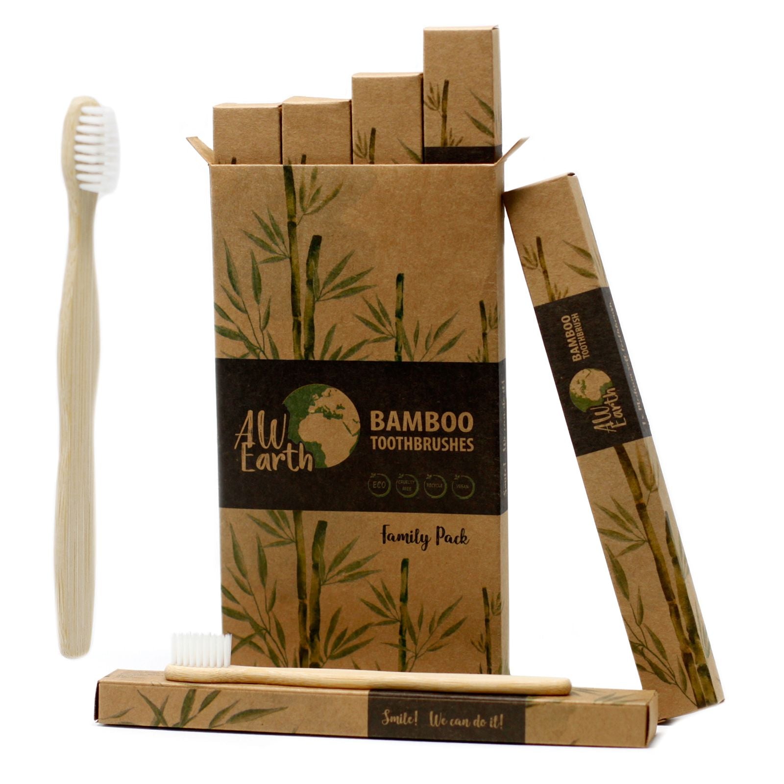 Sustainable Bamboo Toothbrushes - White - Family Pack of 4 - Med Soft