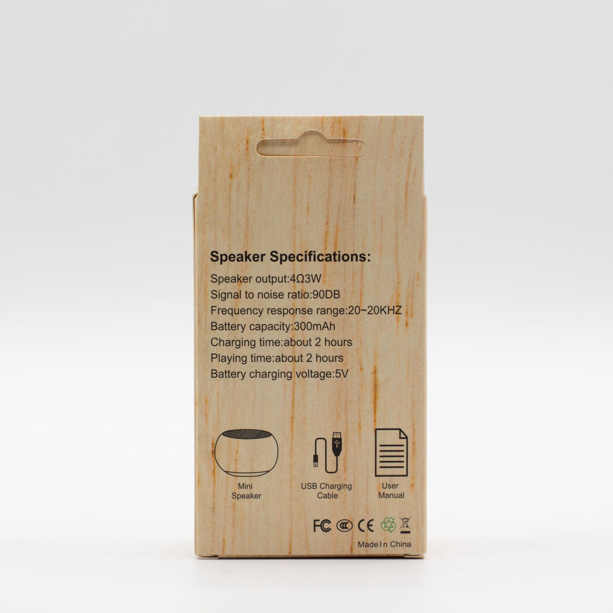 Wooden speaker packaging with specifications on a white background