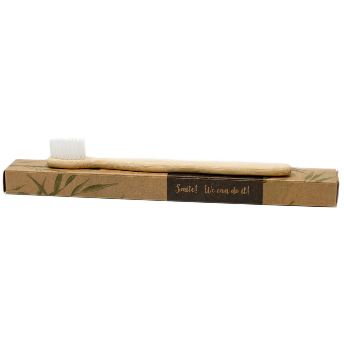 Bamboo toothbrushes in a cardboard box with a message on a white background