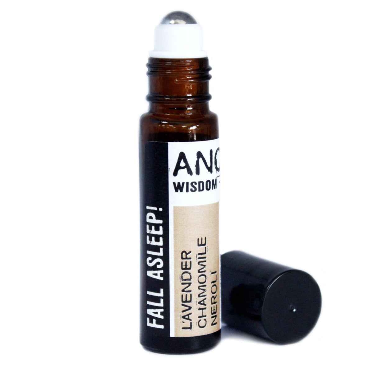 Fall Asleep Essential Oil Roll on bottle with a label reading 'Fall Asleep!'  on a white background