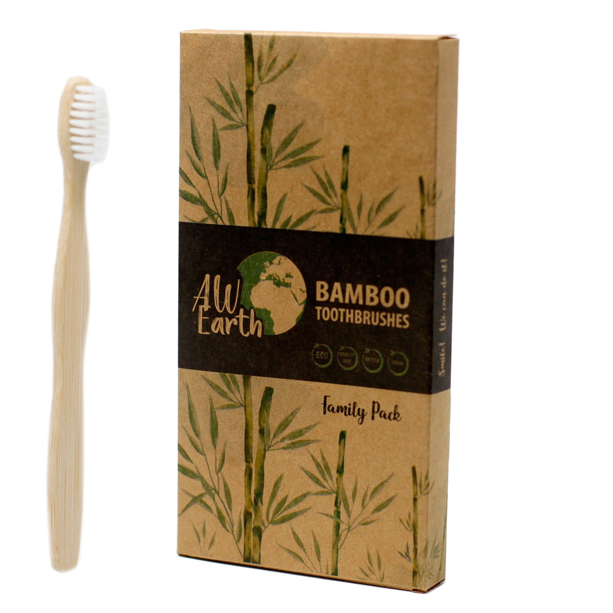 Bamboo toothbrush with kraft card packaging on a white background