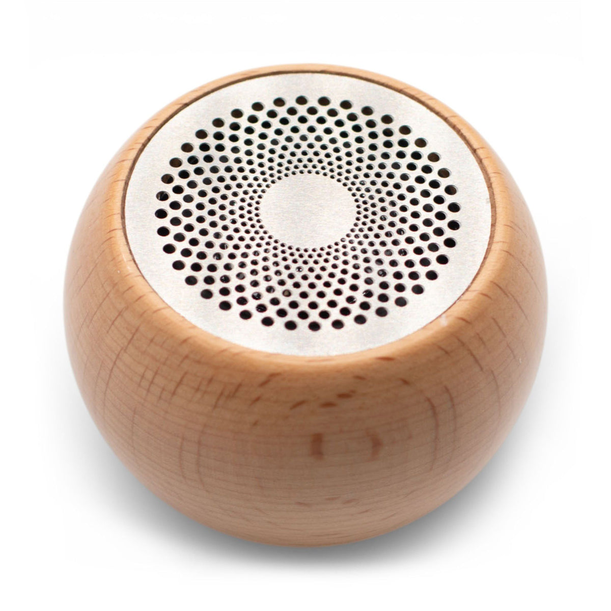 Wooden speaker with a metal mandala design center on a white background