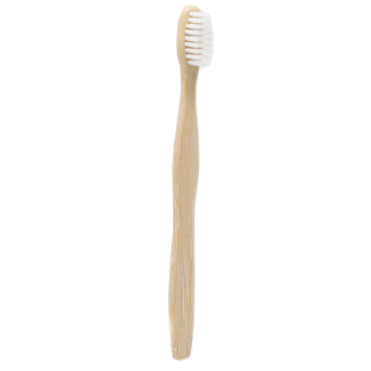 Bamboo toothbrush with white bristles on a white background