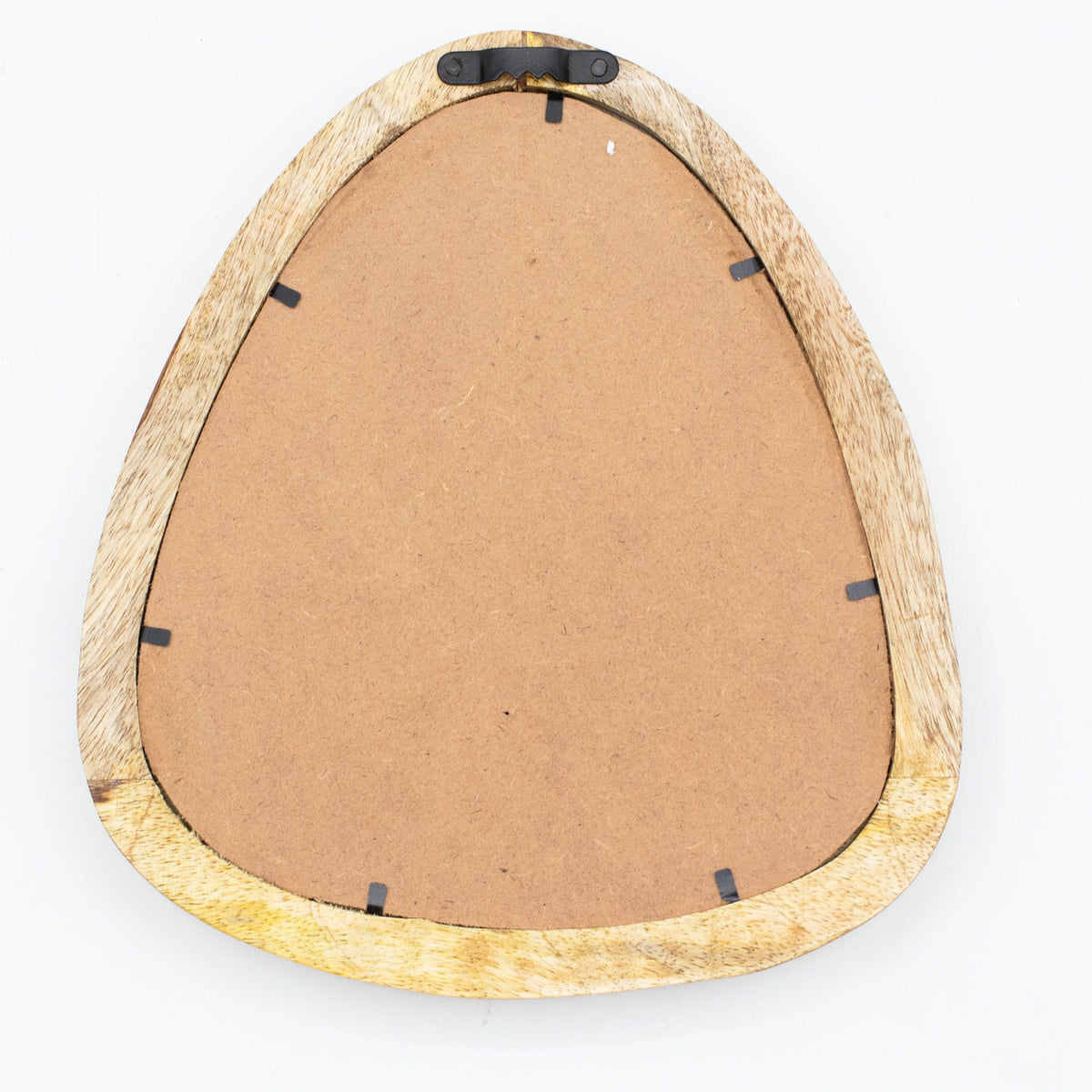 Back view of a wooden pebble shaped mirror on a white background