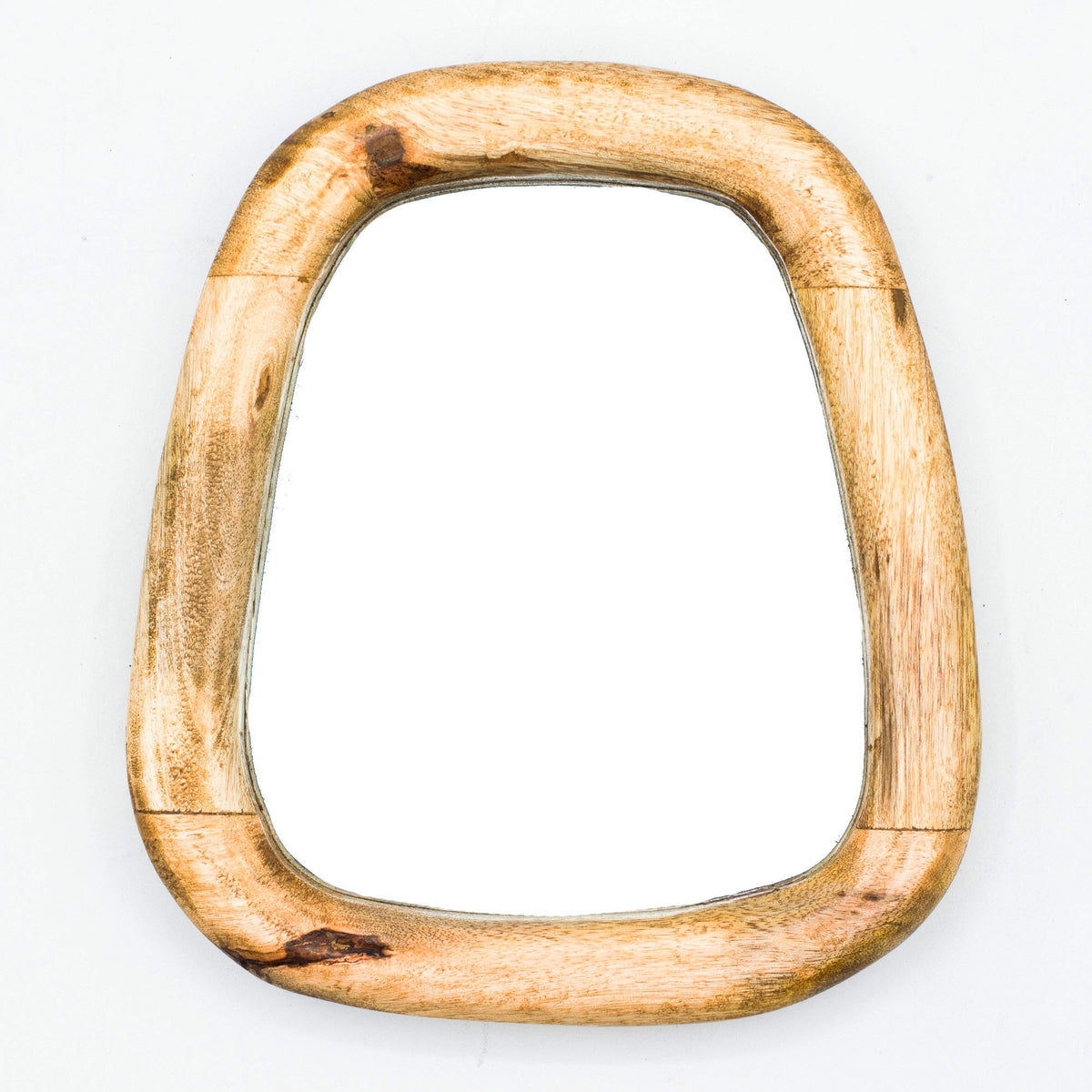 Wooden pebble shaped mirror on a white background