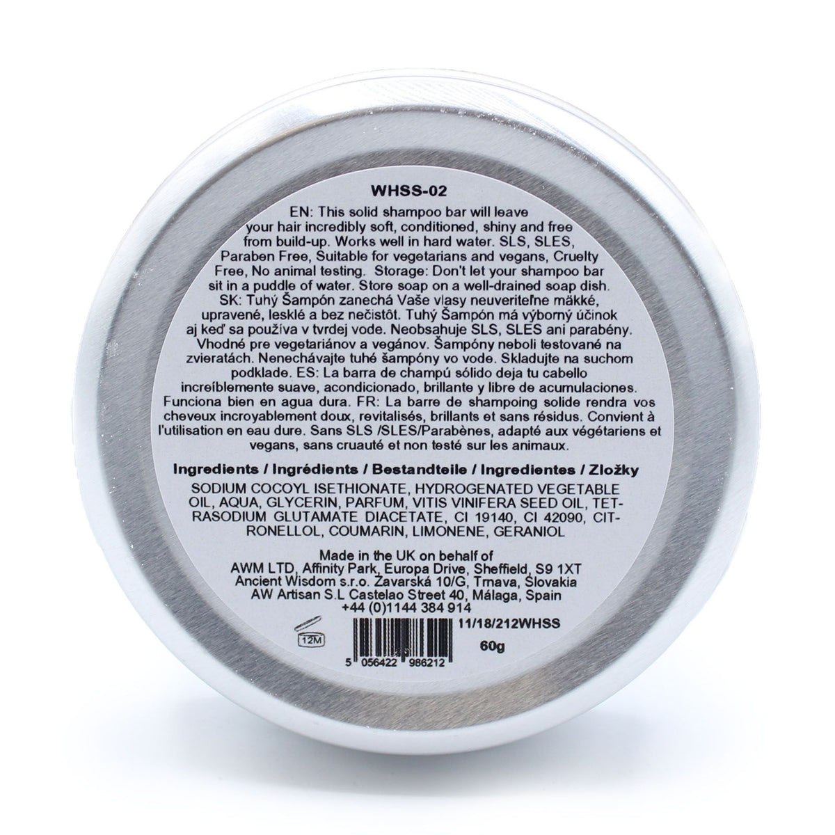 Back label of a shampoo bar packaging with text and ingredients on a white background