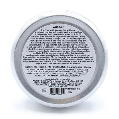 Back label of a shampoo bar packaging with text and ingredients on a white background