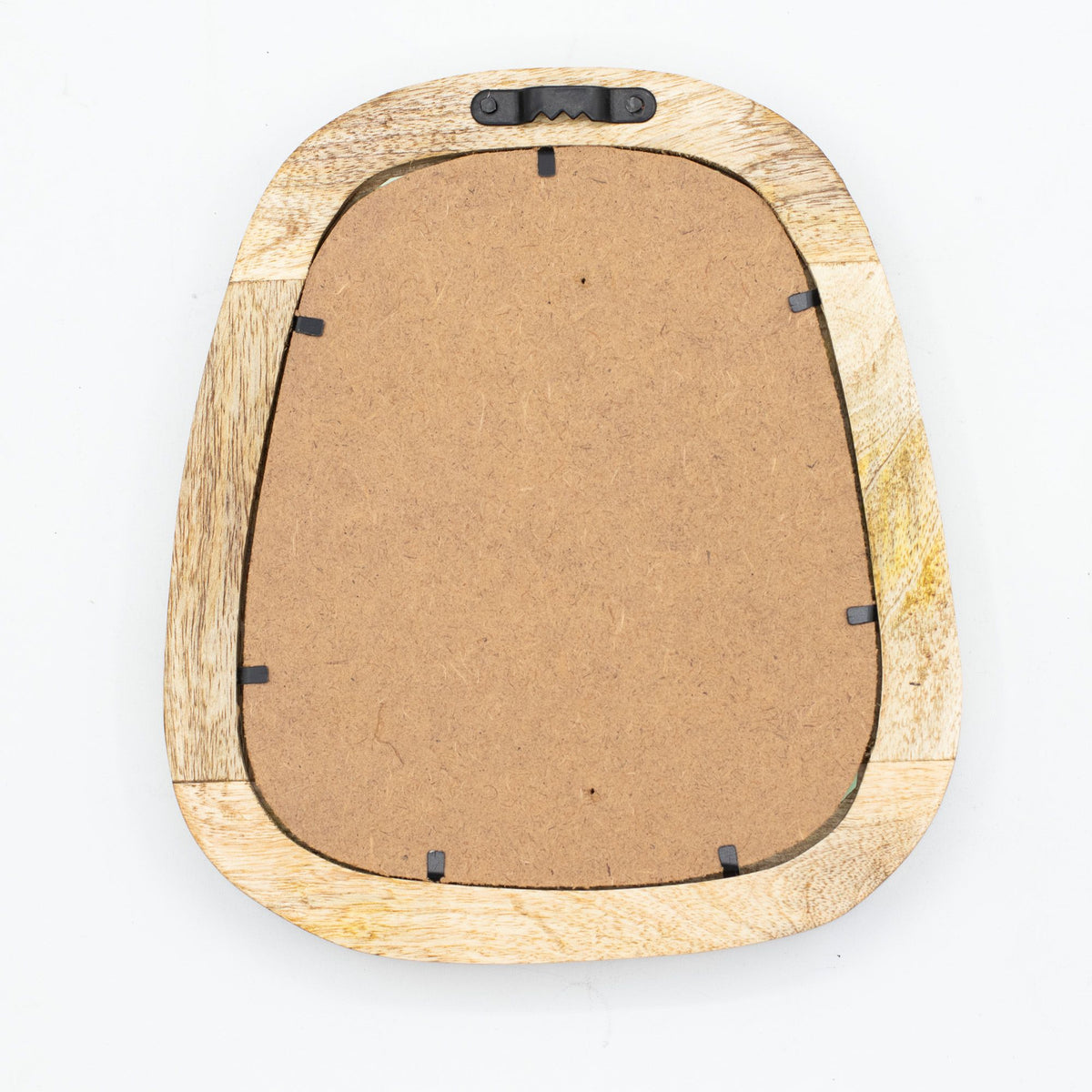 Back of a wooden pebble shaped mirror on a white background